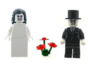 Vampire Bride & Groom Minifigs with Red Flowers Made From LEGO Parts