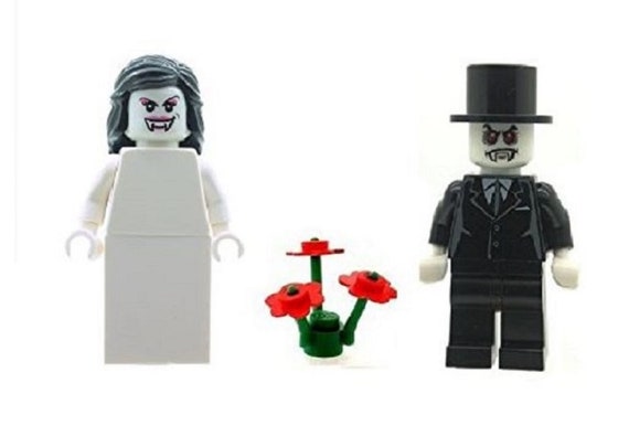 Vampire Bride Groom Minifigs with Red Flowers Made From LEGO Parts