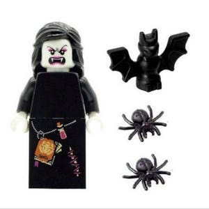 Female Vampire Minifigure with Glow in Dark Head, 2 Spiders and Bat made from LEGO Parts Custom