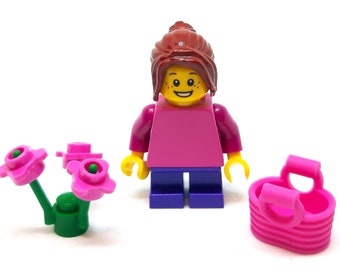 LEGO Mini Female Girl Minifigure (Pink Top) with Flowers and Basket Made From LEGO Parts
