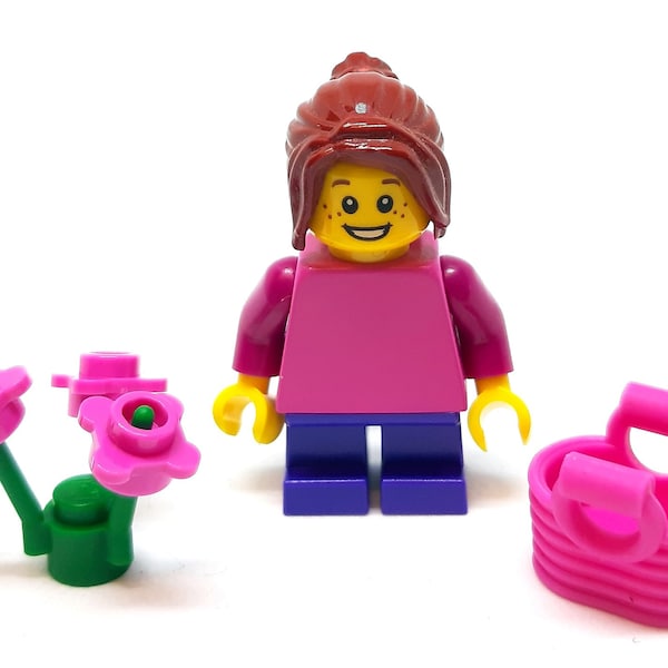 LEGO Mini Female Girl Minifigure (Pink Top) with Flowers and Basket Made From LEGO Parts