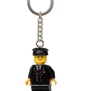 Airline Pilot in Black Suit Minifigure Keychain custom made with LEGO parts