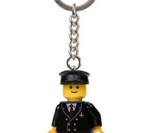 Airline Pilot in Black Suit Minifigure Keychain custom made with LEGO parts