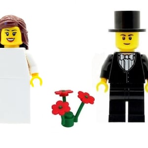 Wedding Bride (B)  with Brown Princess Hair & Groom Minifigs with Red Flowers Made From LEGO Parts