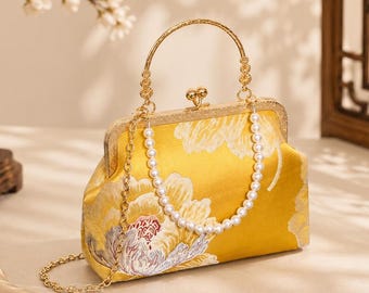 Embroidered Pearl Handbag | Vintage Oriental Clutch Purse | Gold Floral Evening Bag | Crossbody Shoulder