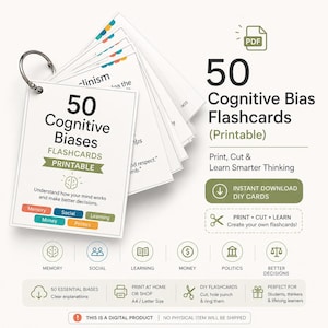 May include: A set of printable flashcards titled "50 Cognitive Biases." The cards are white with black text and colorful accents. The image includes a metal ring holding the cards together, with icons and text promoting DIY card creation.