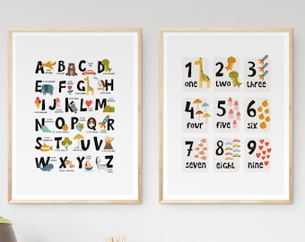 Modern Boho Nursery Print Set 2, Numbers and Alphabet Print, ABC and Numbers Nursery Art Set, Minimalist Nursery Decor, Educational Poster