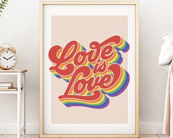 LGBT Print Love is Love Gay Pride Art, Retro Rainbow Flag Lesbian Printable Queer Art Resist Wall Art Modern Home Decor, Equality Quote