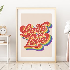 LGBT Print Love is Love Gay Pride Art, Retro Rainbow Flag Lesbian Printable Queer Art Resist Wall Art Modern Home Decor, Equality Quote
