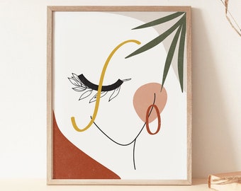 Minimalist Abstract Woman Face Line Art, Lashes Line Drawing, Eyelash Print, Terracotta Female Face Woman Illustration, Boho Fashion Sketch