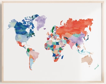 Grote Wereldkaart Print, Aquarel World Map Poster, Huwelijkscadeau, Reiskaart, Office Decor, Politieke Wereldkaart, Travel Wall Art, Wanderlust