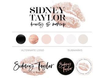 Makeup Artist Logo Design, Rose Gold Lips Logo Branding Kit Package,, Kiss Lipsense Logo, Beauty Blogger Logo Set, Feminine Business Logo