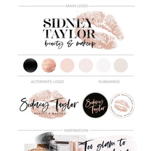 Design de logotipo de maquiador, pacote de kit de marca de logotipo Rose Gold Lips, logotipo Kiss Lipsense, conjunto de logotipo de blogueiro de beleza, logotipo de negócios feminino