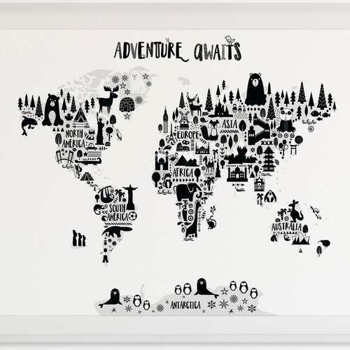 animal world map print monochrome nursery world map etsy