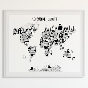 Animal World Map Poster, Monochrome Kinderzimmer Weltkarte, Abenteuer Kinderzimmer Karte Kunst Kinder Weltkarte Poster Schwarz Weiß Skandinavisch Kinderzimmer Dekor