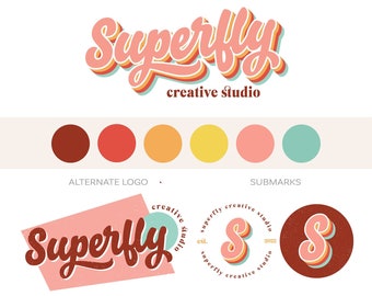 Retro Logo Design Custom Boutique Logo, Fun Business Branding Kit 70s Fashion Logo, Vintage Bohemian Logo, Calligraphy Rainbow Boho Logo 60s