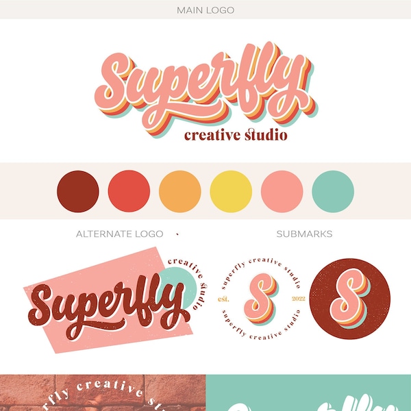 Retro Logo Design Custom Boutique Logo, Fun Business Branding Kit 70s Fashion Logo, Vintage Bohemian Logo, Calligraphy Rainbow Boho Logo 60s