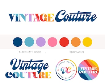 Retro Branding Kit Logo Design Custom, Fashion Boutique Vintage Logo 70s Typography, Social Media Kit, Bright Rainbow Logo Kids Boutique