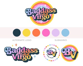 Rainbow Retro Logo Design for Business, Boho Premade Logo Branding Set, Hippie 70s Vintage Logo Bundle, Pastel Rainbow Semi Custom Logo Kit