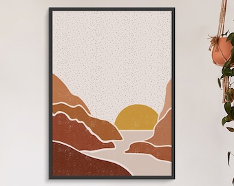 Paisaje minimalista imprimible arte de la pared, impresión de arte abstracto del sol, arte de la pared de la naturaleza boho, decoración de la pared de la galería, cartel de las montañas Terra Rust impresión