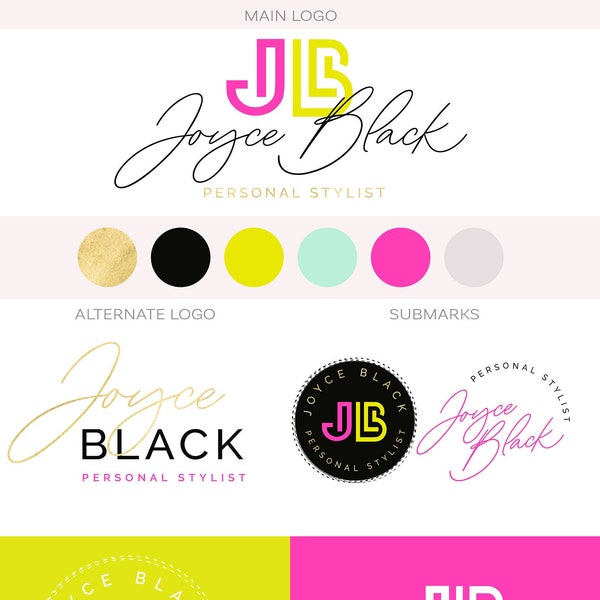 Feminine Branding Package, Hot Pink Gold Logo, Makeup Artist Event Planner Photography Watermark Neon Branding Kit Fashion Boutique Logo Set