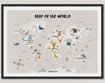 Arte de la pared del mapa del mundo para niños, decoración de la guardería boho, ilustración del mapa del mundo animal, decoración de los niños escandinavos, impresiones modernas mínimas de la guardería