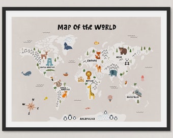 World Map Wall Art for Kids, Boho Nursery Decor, Animal World Map Illustration, Scandi Kids Decor, Modern Minimal Nursery Prints