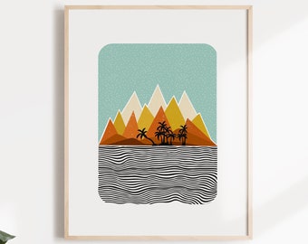 Boho Nursery Decor, Minimalist Nursery Wall Art Print, Abstract Landscape Mountains Poster, Kids Room Decor, Tropical Beach Burnt Orange Art