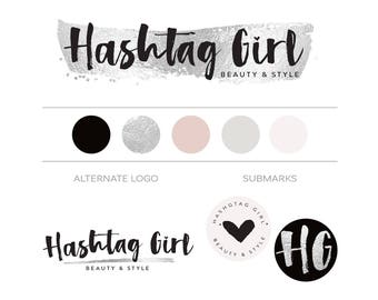 Branding Package Silver Foil Logo Set, Handwritten Logo Design, Pre-made Branding Kit, Brush Script Logo, Modern Fashion Blog Logo Watermark