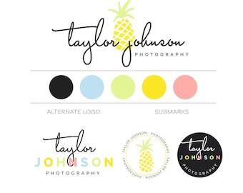 Modern Branding Kit Photography Logo Branding Package Pineapple Logo Branding Set, Yellow Tropical Logo Boutique Lifestyle Cooking Blog Logo