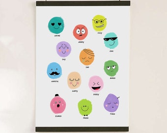 Emotions Poster, Colorful Faces Playroom Wall Art, Kids Printable Art, Cute Illustration Feelings Chart, Baby Nursery Decor, Classroom Decor