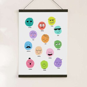 Cartel de emociones, caras coloridas arte de pared de la sala de juegos, arte imprimible para los niños, tabla de sentimientos de ilustración lindo, decoración de la guardería del bebé, decoración del aula