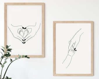 Baby Hands Baby Feet Print Set, Minimalist Nursery Prints, One Line Drawing for Baby Room, Baby Line Art Print, Abstract Nursery Heart Hands