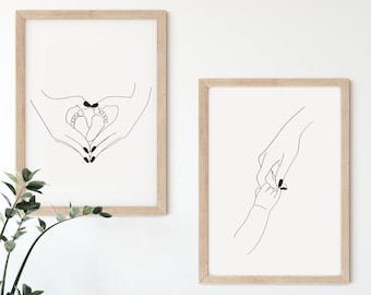 Baby Hands Baby Feet Print Set, Minimalist Nursery Prints, One Line Drawing for Baby Room, Baby Line Art Print, Abstract Nursery Heart Hands
