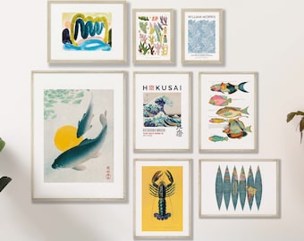 Conjunto de pared de galería de 8 grabados, póster de vida marina, decoración de pared boho de arte oceánico, arte de pared ecléctico de estilo vintage, decoración del hogar costero de vida marina