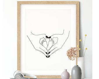 Baby Feet Print, Minimalist Nursery Decor, Minimal Boho Nursery Wall Art, Hands Heart Line Art, Baby Room Decor, One Line Drawing Family