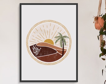 Cartel abstracto del paisaje, boho pared decoración grabado naranja grabado, sala de estar decoración mediados del siglo moderno color bloque de la puesta de sol, pared de la galería minimalista
