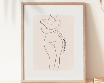 Love Yourself Curvy Woman Line Art, Self Love Print, Feminist Print Body Positive Art, Fat Woman Line Drawing, Naked Female Figure Sketch