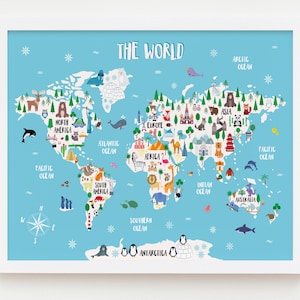 Tier-Weltkarte-Druck, Kinder-Weltkarte-Poster, Kinderzimmer-Weltkarte, große Weltkarte-Kinderzimmer-Kunst, Kinderzimmer-Dekor, Spielzimmer-Karte, Kinder-Karte-Kunst