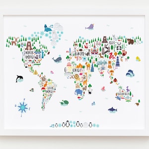 Druckbare Weltkarte für Kinderzimmer Wandkunst, TierWeltkarte Poster, Safari Kinderzimmer Dekor, Babyzimmer Weltkarte Wandkunst