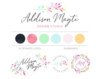 Premade Branding Kit, Pastel Branch Logo Wreath Logo Design, Feminine Text Logo, Branding Package Watercolor, Soft Neutral Logo Template