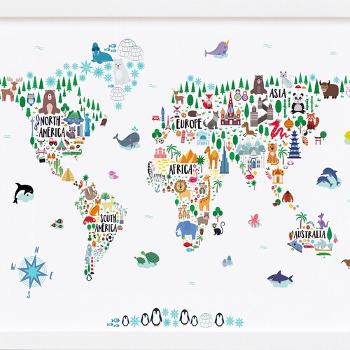 Animal World Map Print Kids World Map Poster Nursery World - Etsy