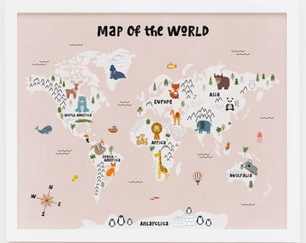 May include: A framed world map print with a pale pink background and a white frame. The map features illustrated animals and landmarks for each continent, with the text "MAP of the WORLD" at the top. A compass rose is in the lower left corner.