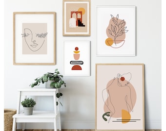 Dibujo de arte de una línea fina, pared de la galería moderna de mediados de siglo, conjunto de impresión de arte de pared abstracto, decoración de pared boho de pestañas de silueta de mujer para dormitorio