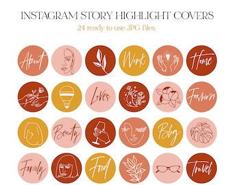 May include: Set of 24 Instagram story highlight covers featuring various illustrations and text. The covers are in shades of red, orange, and yellow with white outlines. The text includes "About", "Work", "Home", "Loves", "Fashion", "Beauty", "Blog", "Family", "Food", and "Travel".