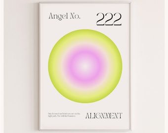 Angel Number Poster 222, Arte de manifestación, Impresión de arte degradado de aura verde rosa, Póster espiritual, Arte de pared de dormitorio de moda, descarga digital