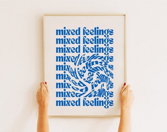 Sentimientos mixtos Wall Art Print Trendy, Blue Minimalist Retro Wall Decor, Aesthetic Room Decor, Digital Download, Y2K Wall Art, Typography Art