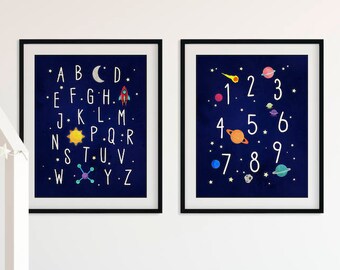 Outer Space Nursery Alphabet and Numbers Wall Art Rocket Ship Nursery Print Set Space Kids Art Prints Playroom ABC Printable Alphabet Poster