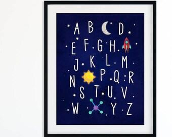 宇宙アルファベット保育園プリント、宇宙アルファベットポスター、宇宙テーマ保育園 ABC ウォールアート男の子保育園装飾、ロケット船子供用印刷可能