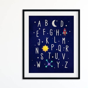 Space Alphabet Nursery Print, Outer Space Alphabet Poster, Space Theme Nursery ABC Wall Art Boy Nursery Decor, Rocket Ship Kids Printable